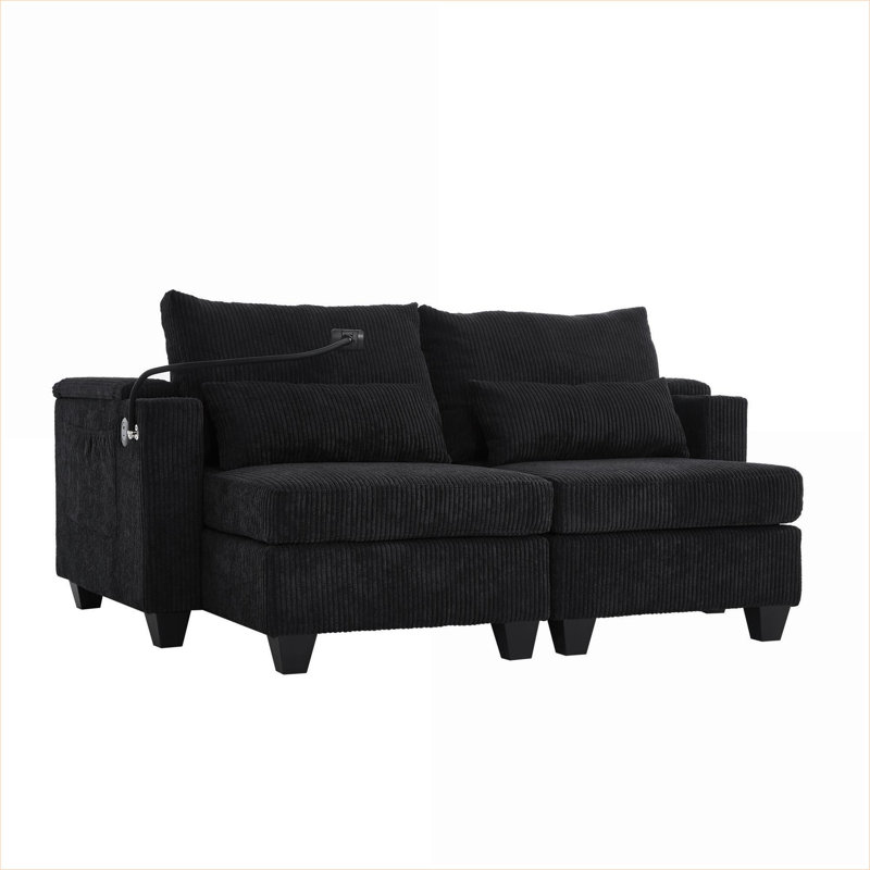 Causeuse-lit convertible moderne de 63 po avec ports USB pour le salon et la chambre à coucher | Noir | Velours côtelé Sofas