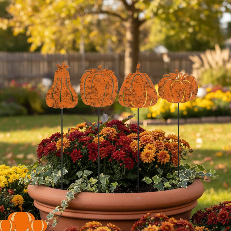 4 Pcs Fall Pumpkin Garden Stakes | Rustic Metal Yard Art for Autumn Harvest, Thanksgiving & Halloween Decor