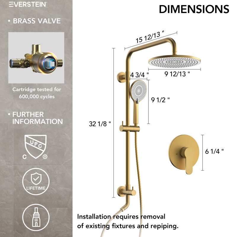 Wall Mount Pressure-Balanced Shower System, 10" Rainfall Shower Head with Slider Bar Handheld Spray, Brushed Gold