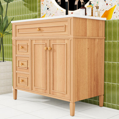 Meuble-lavabo de salle de bain avec lavabo en céramique, tablettes réglables, tiroir rabattable et portes à fermeture en douceur