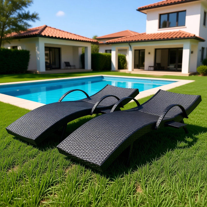 80'' Outdoor Wicker Chaise Lounge Chairs Set Of 2, Patio Rattan Reclining Chair Pull-out Side Table W/ 5-level Adjustable Backrest Ergonomic Wave Design Pool Sunbathing Recliners, Black