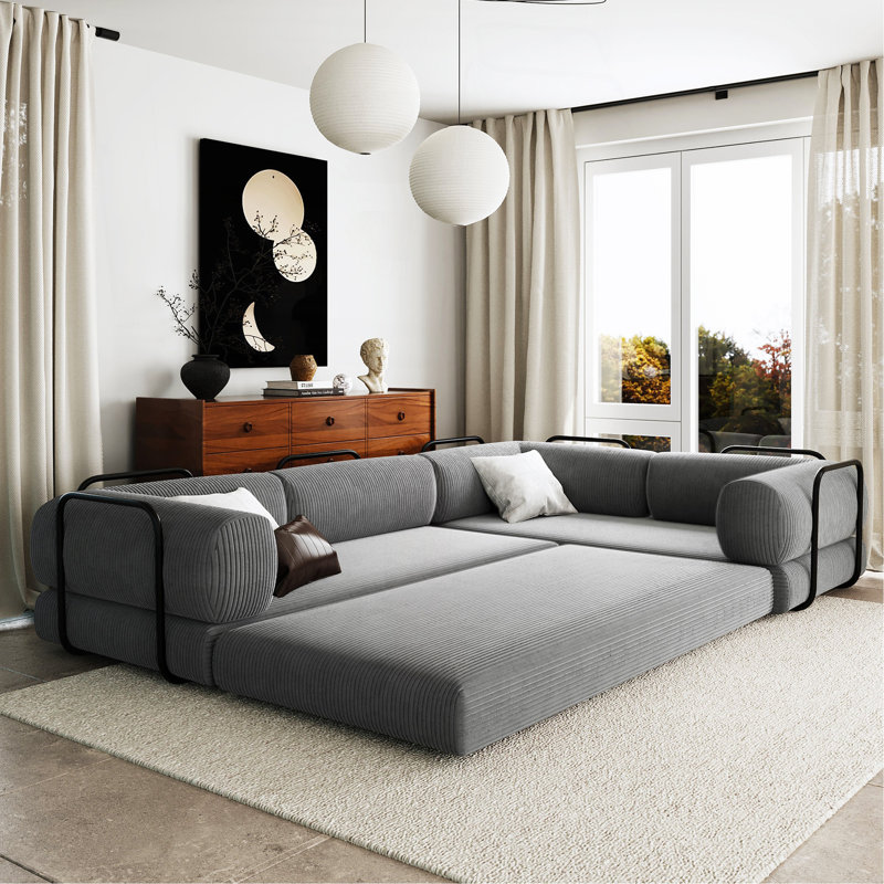 Canapé-lit modulaire en L en velours côtelé, idéal pour les salons et les appartements, Velours côtelé gris