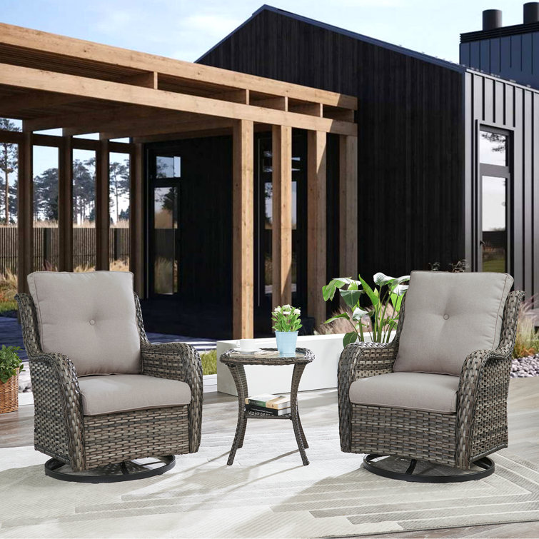 Schutt 3 Piece Furniture Set Wicker Swivel Chairs and Side Table with Cushions