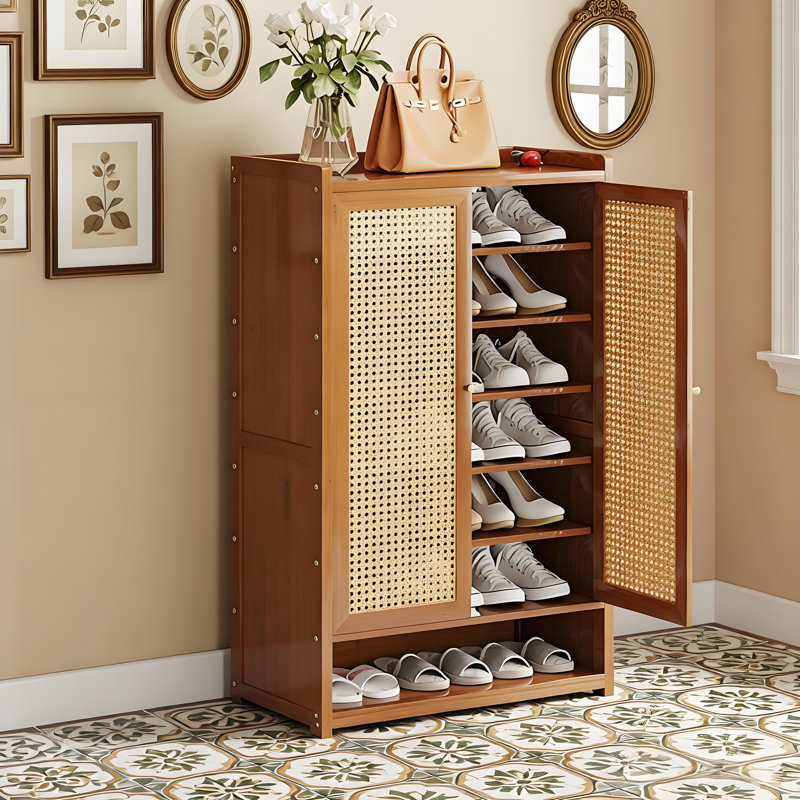 Armoire à chaussures d'entrée avec 2 portes et 7 tablettes en bambou naturel