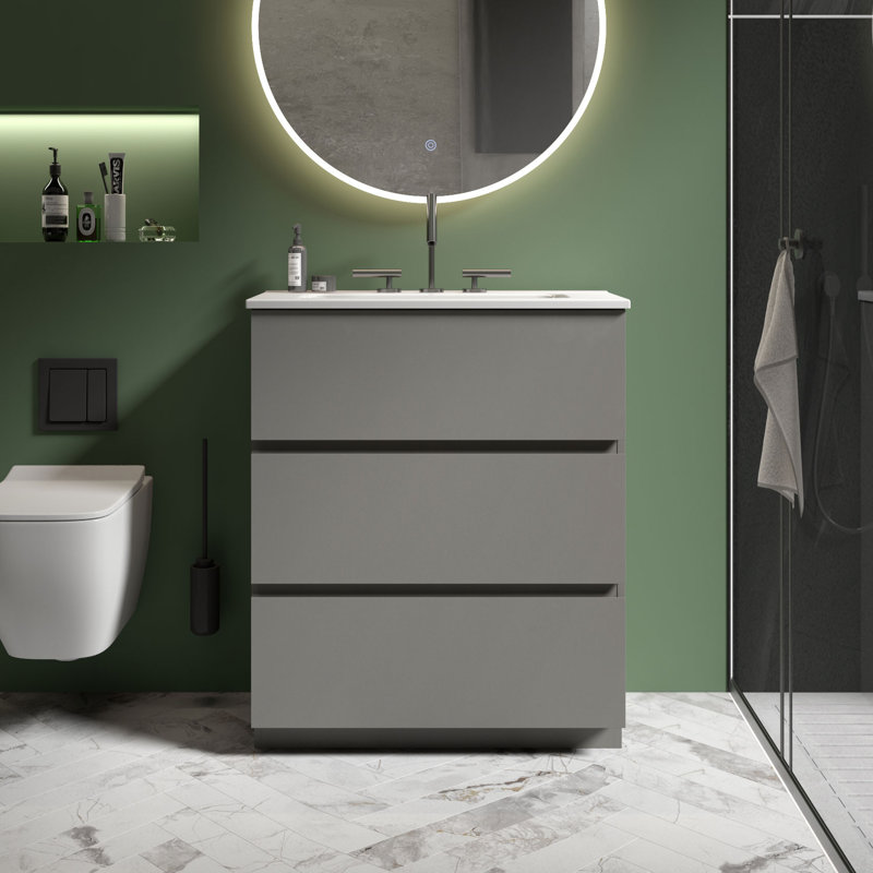 Derrance Single Bathroom Vanity with Ceramic Top, Gray, 30"
