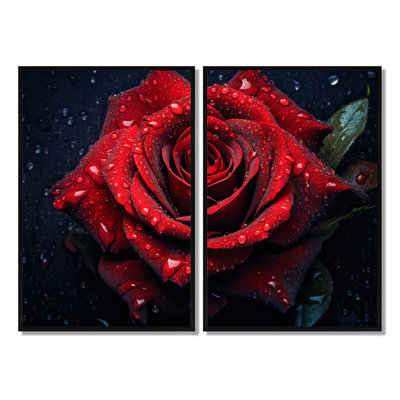 Rose rouge avec gouttes de pluie VI - impressions d'art moderne rouge sur toile 2 panneaux