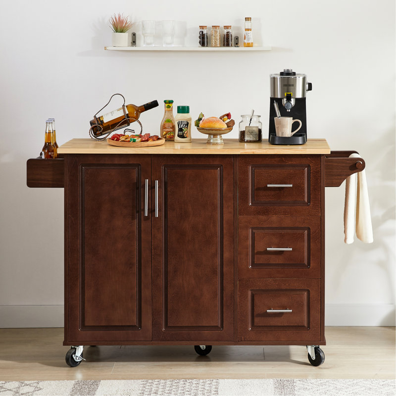 Chariot pour îlot de cuisine polyvalent avec étagère à épices ouverte et rangement, brun 2 verrouillables, Brun