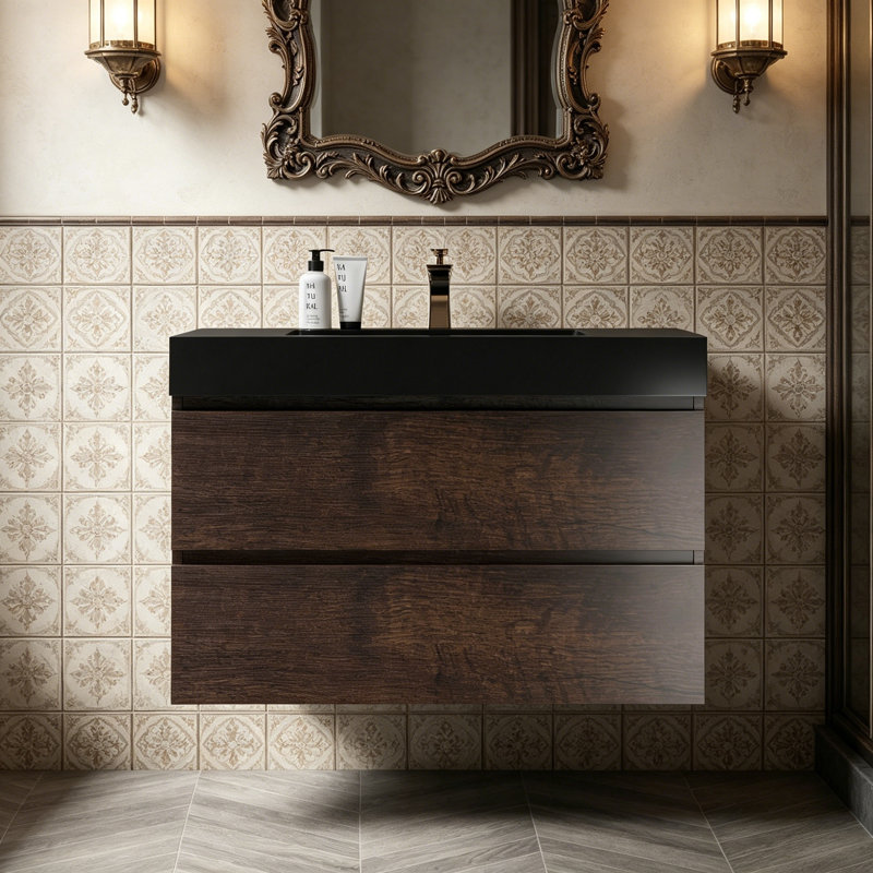 Meuble-lavabo mural de 36 po en noyer pré-assemblé flottant, grande armoire de rangement murale avec lavabo une pièce noir, sans drain et robinet inclus