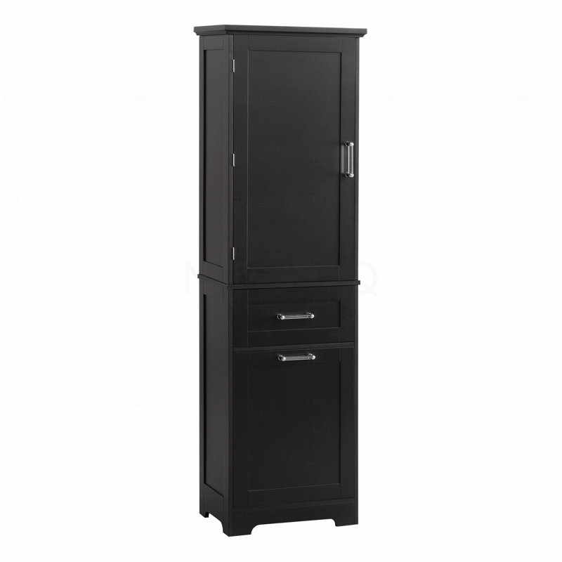 Grande armoire de rangement pour salle de bain, armoire de rangement autoportante avec deux tiroirs de tailles différentes et tablettes réglables, panneau de fibres à densité moyenne avec finition peinte