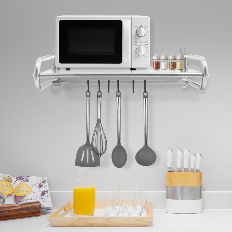 Tablette pour micro-ondes murale en acier inoxydable avec crochets pouvant supporter 44 lb, convenant à la plupart des cuisines, organisateur moderne peu encombrant