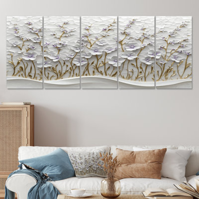 Pure Wildflower Cream Horizons - Art mural fleurs sauvages - Art mural traditionnel pour le salon 5 pièces