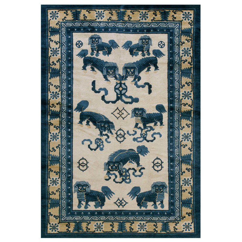 Antique Blue and Ivory Chinese Ningxia Small Foo Dog Rug