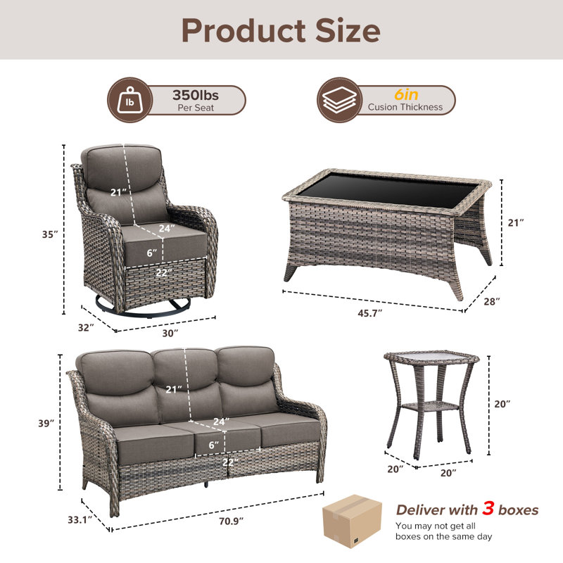 5 - Person Luxury Wicker Patio Furniture Set With Coffee Table & 6-Inch Extra-Thick Cushion Swivel Chairs, Side Table, Gray
