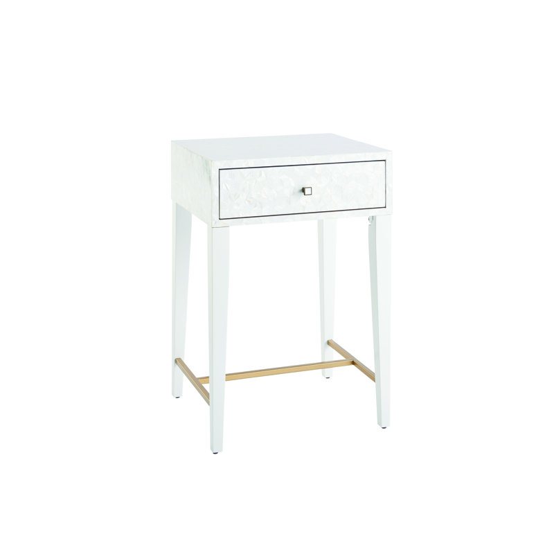 White Mother of Pearl 1-Drawer Nightstand with Metal Stretcher