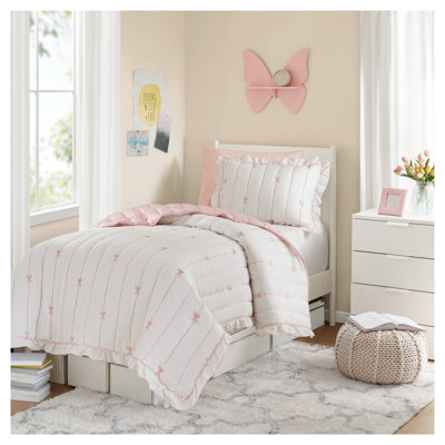 Pink and White Microfiber Twin/Twin XL Quilt Mini Set with Bow Embroidery and Ruffle Trim