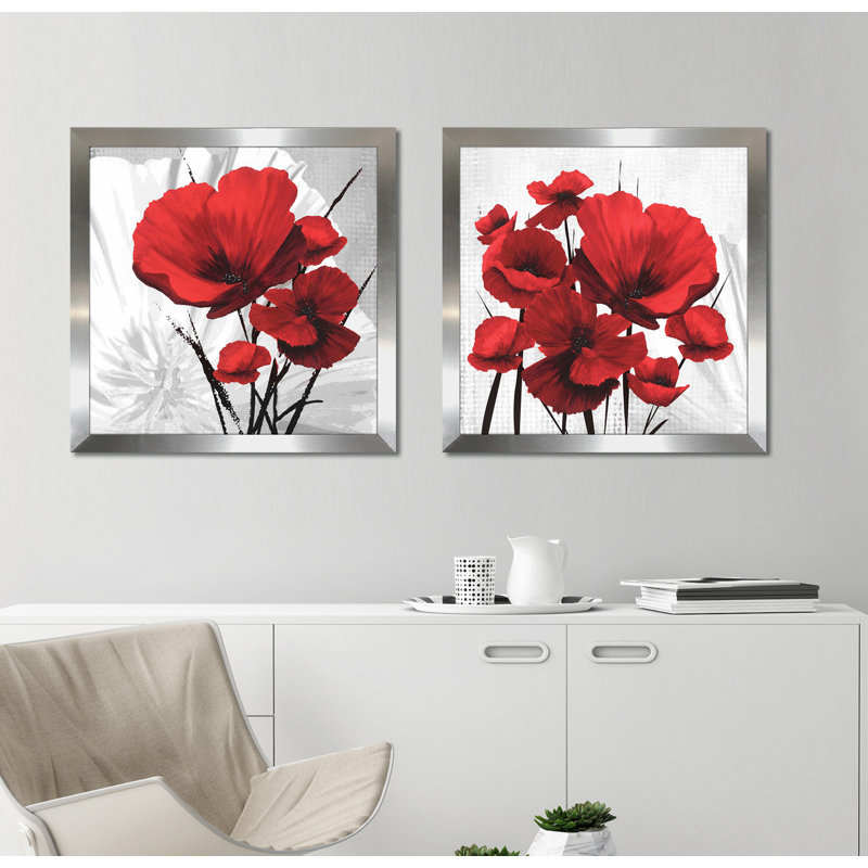 «Big Red Poppies I», ensemble de 2 impressions, H 21,5 po x l 43 po x P 0,75 po, Encadrement argenté