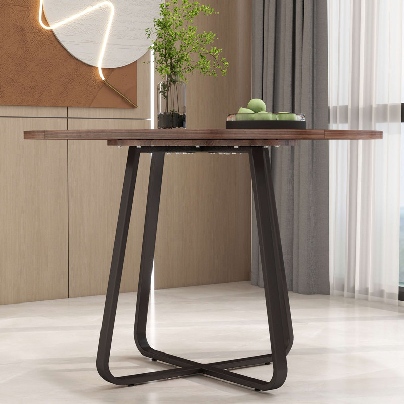 Table de salle à manger ronde pour 4 à 6 personnes, plateau de table en bois aggloméré avec pieds en métal, table de cuisine moderne avec base en forme de X, grande table ronde