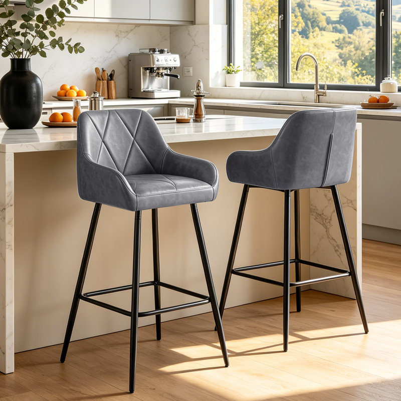 Fixed Height Faux Leather Upholstered Bar Stool Tufted Back with Footrest, Grey