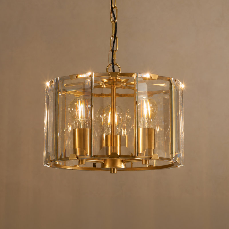 13" 3-Light Gold Cognac Flat Panel Glass Drum Chandelier