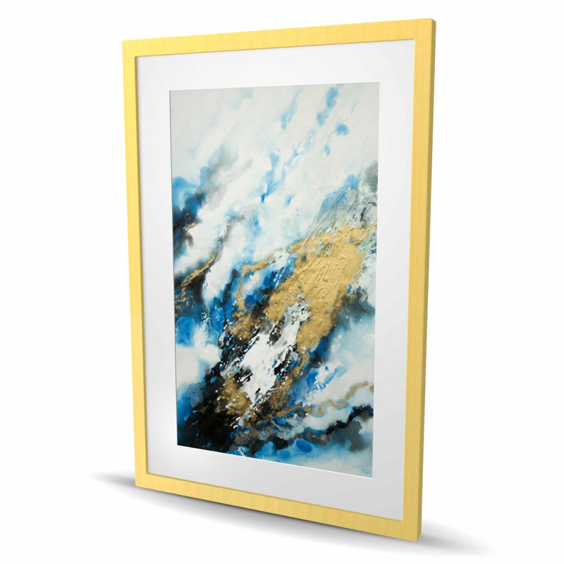 Marbre bleu et doré - formes, impression encadrée avec passe-partout bleu