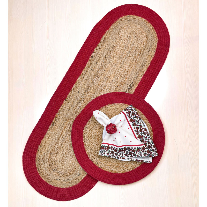 VERONA JUTE BORDER ROUND TABLE RUNNER, Natural/Red, 13" x 36"