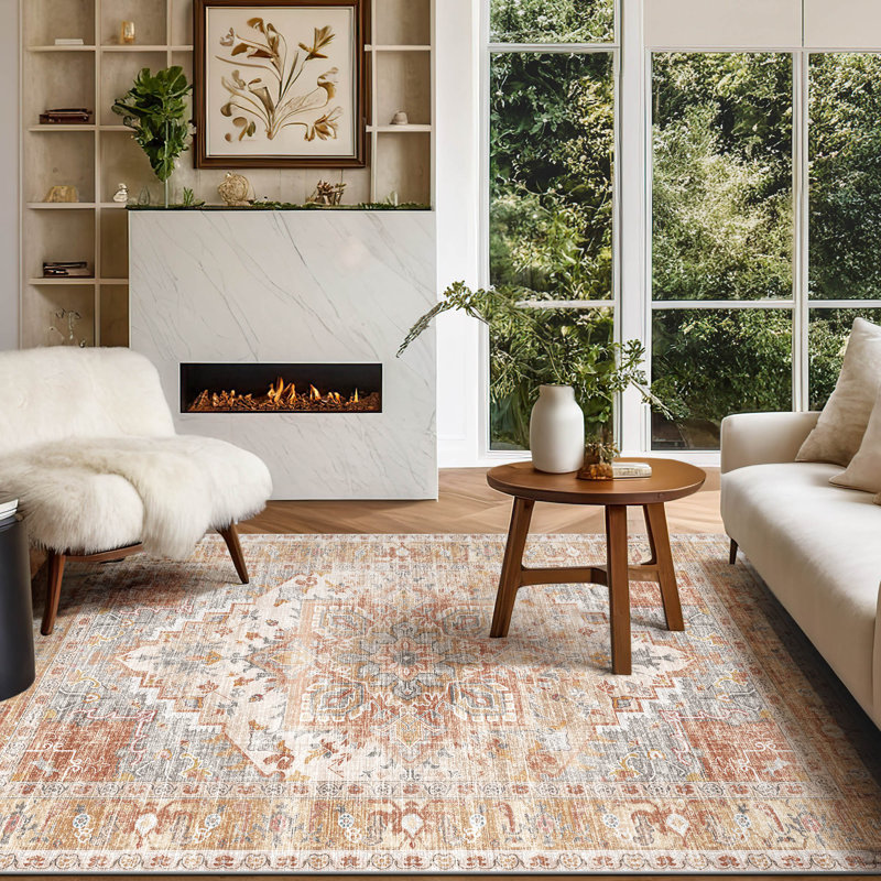 Washable Area Rugs Boho Floral Living Room Vintage Low Pile Indoor Carpet, Rectangle 5' x 7'