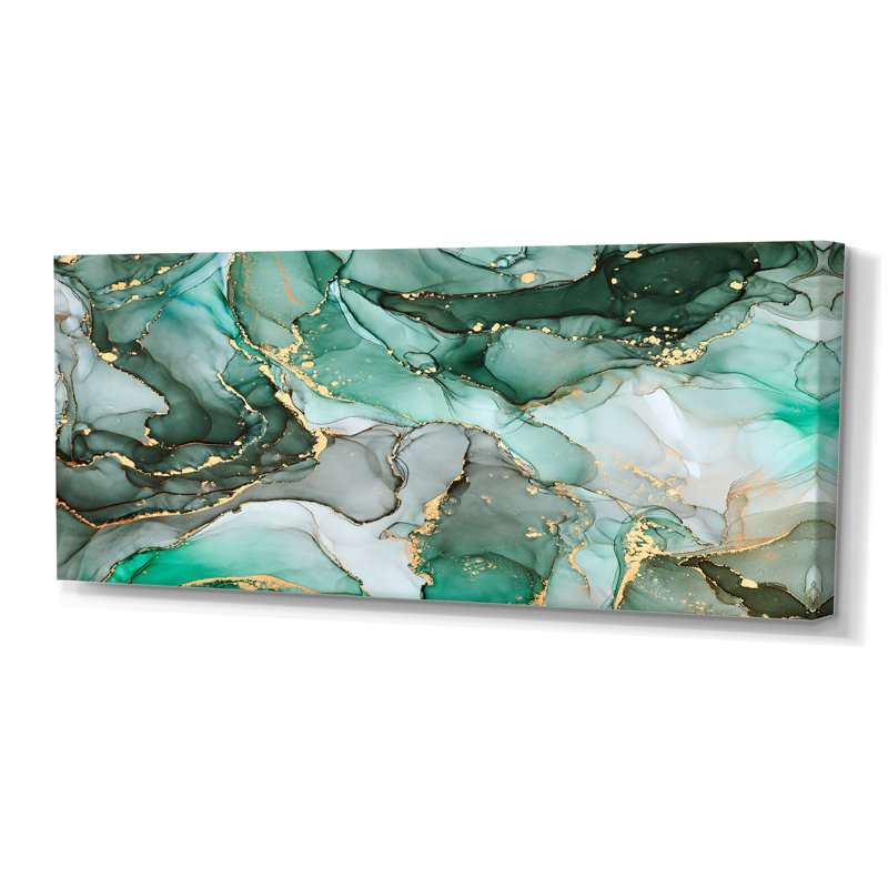 «Green Luxury Abstract Fluid Art III», reproduction d'art sur toile moderne, Toile tendue, H 28 po x l 60 po