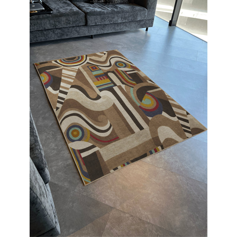 Tapis décoratif multicolore à motifs abstraits et multicolores de couleur brune, Rectangle 4 pi 11,06 po x 7 pi 6,55 po