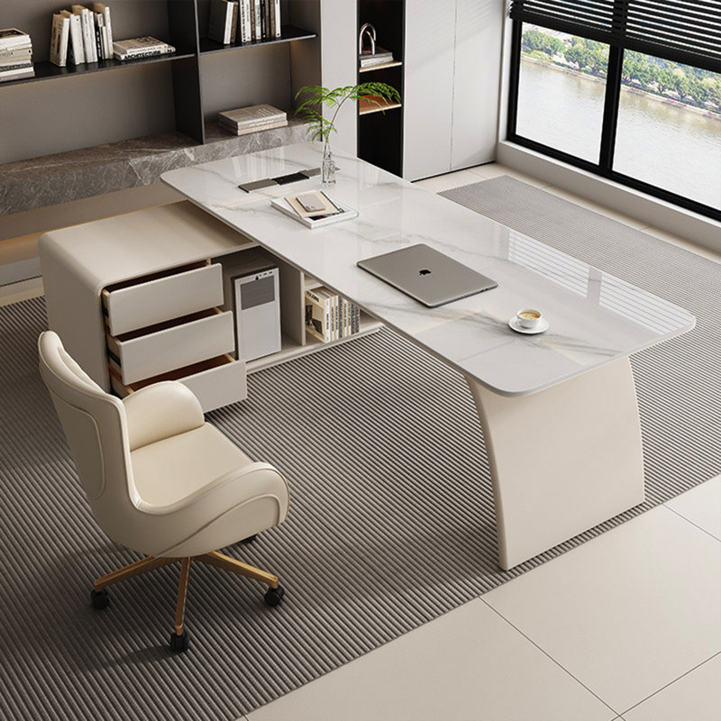 Bureau de direction moderne en forme de L en pierre blanche frittée, H 29,53 po x l 47,24 po x P 27,56 po