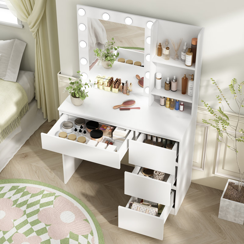 37" Vanity Table with Lighted Mirror, White
