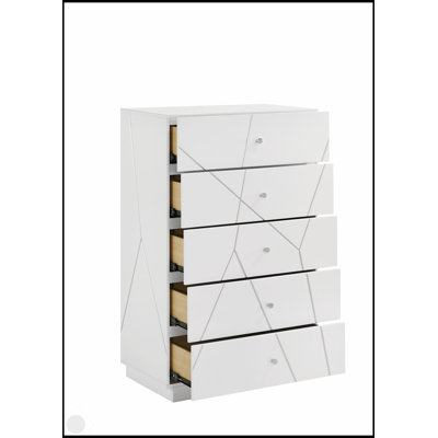 Commode Manhattan avec finition laquée, conception géométrique et tiroirs spacieux pour un rangement moderne et élégant