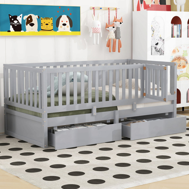 Wood Daybed With Fence Guardrails And 2 Drawers, Split Into Independent Floor Bed & Daybed, Gray, Twin