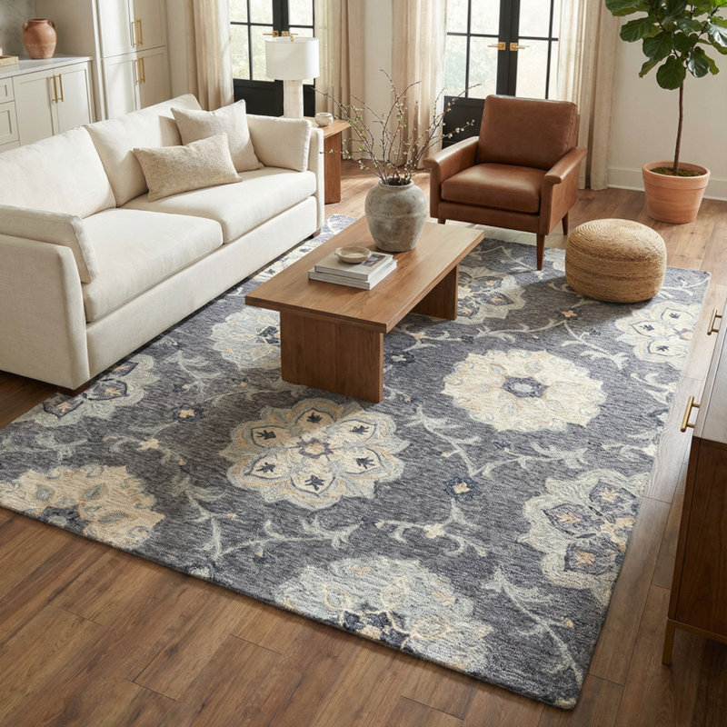 Tapis d'intérieur en laine naturel touffeté à la main gris Munz, Rectangle 5 pi x 7 pi