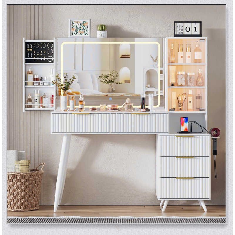 Bureau de coiffeuse élégant avec miroir et lumières, tiroirs spacieux et plateau en verre pour les chambres à coucher modernes