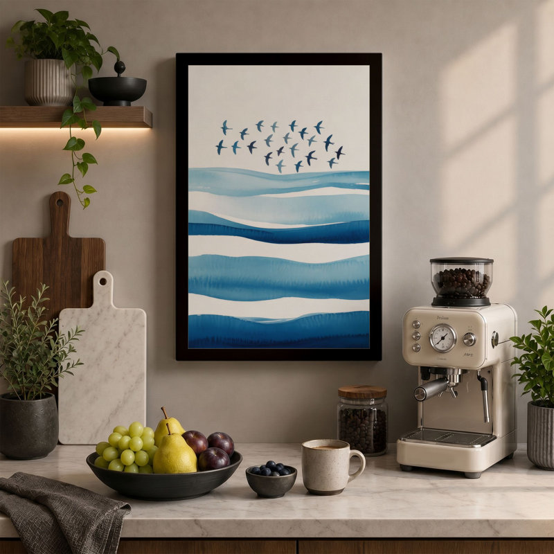 Birds Above Waves Coastal - Wrapped Canvas, 24x16 - 61.0 x 40.6 cm, Sage Border