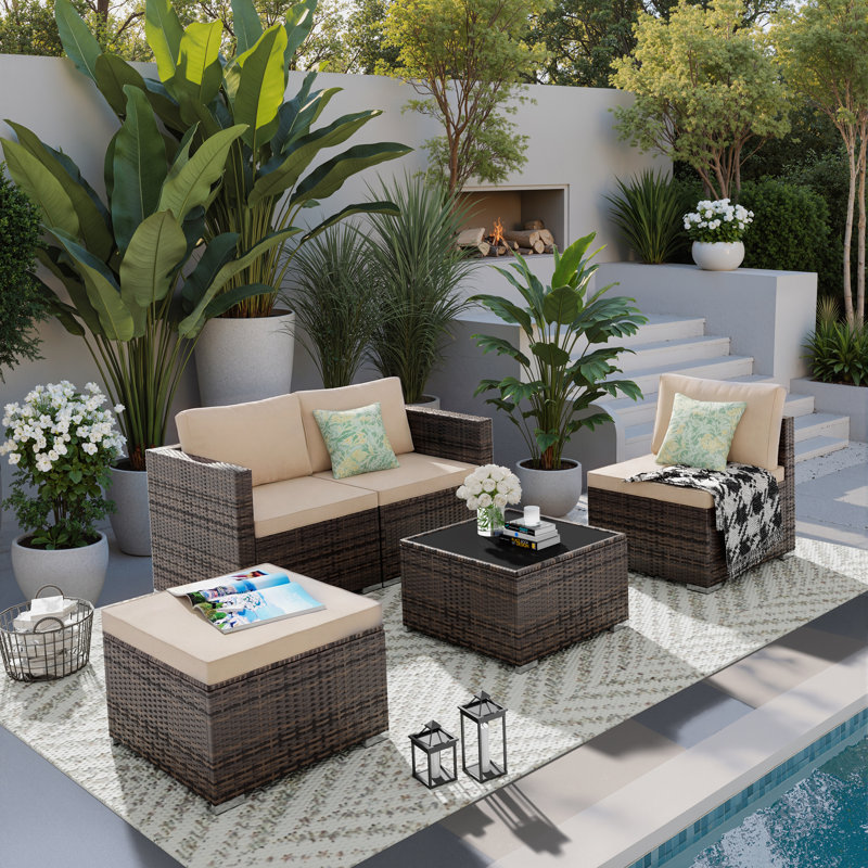 Ensemble de conversation modulaire d'extérieur 5 pièces 5 pièces Canapés modulaires d'extérieur pour 4 personnes avec coussins beige
