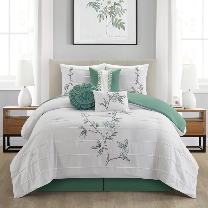 Raina Microfiber 7 Piece Floral Comforter Set, Queen Comforter + 6 Additional Pieces, Green/White