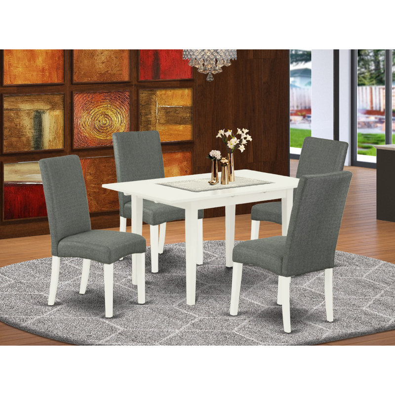 L'ensemble de mobilier de salle à manger 5 pièces comprend une table rectangulaire en bois avec feuille papillon et 4 chaises de salle à manger Parson en tissu gris, 32 x 54 pouces, blanc lin