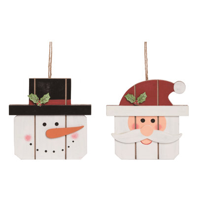  Wooden Santa/Snowman Head Ornament Set of 2 Christmas Home Decorations