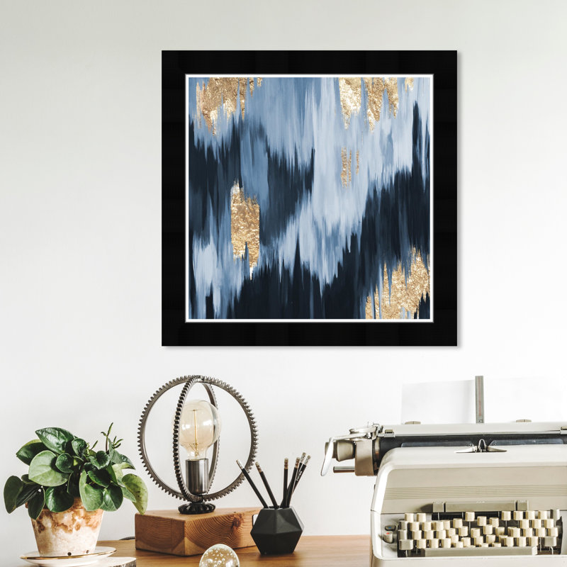 «Abstract Gold Blue Fall Paint», reproduction d'art graphique encadrée, Cadre noir plat, H 12 po x l 12 po x P 1,5 po