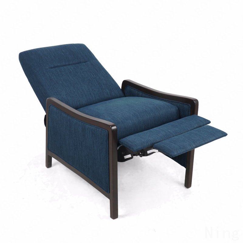 Mid-Century Modern Fabric Recliner - Push Back, Thick Seat Cushion, Wooden Legs, Navy Blue