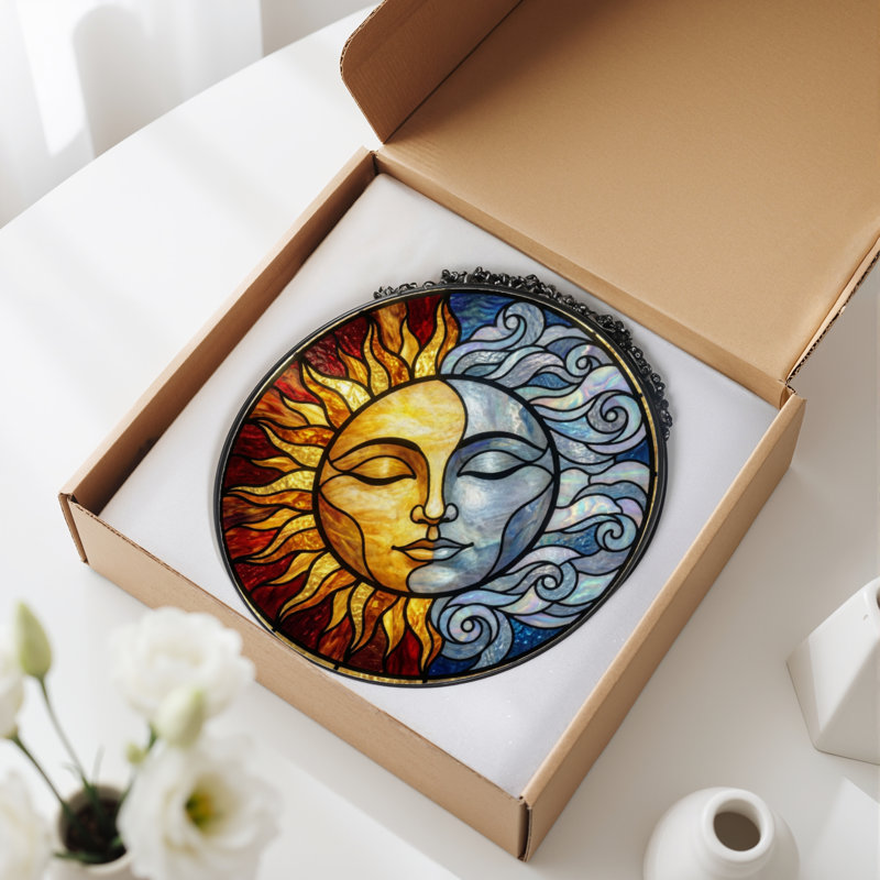 Panneau de vitrail en verre coloré 7,8 po H Sun and Moon, H 7,8 po x l 7,8 po