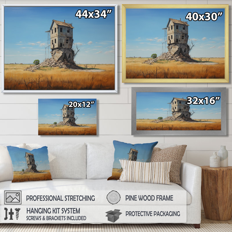 Abandonné Lonely Country House On The Prairie - Art mural paysage, Toile avec cadre flottant noir, H 16 po x l 32 po x P 1 po