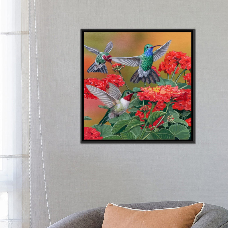 Hummingbirds & Flowers par William Vanderdasson - Impression sur toile tendue sur châssis, H 18 po x l 18 po x P 1,5 po
