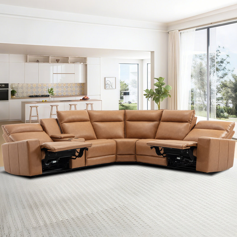 Classic Orange Faux Leather Power Sectional with Console & 3 Electric Recliners, Orange Faux Leather