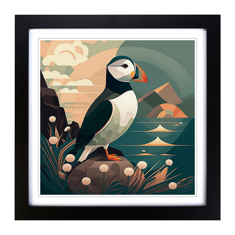 Puffin Art Deco No.2 - Framed Print, Black