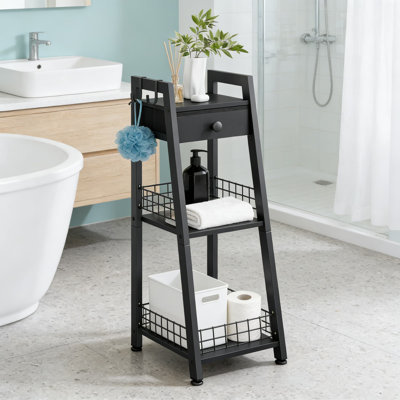 3-Tier Narrow Ladder Shelf With Drawer And Hooks, Space-Saving Bathroom And Home Storage Organizer For Small Spaces