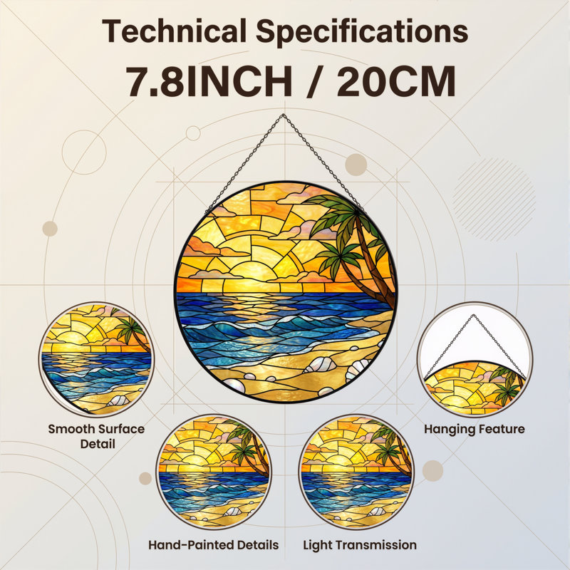 7.8"H Sunset Beach Stained Glass Window Panel, 7.8" H x 7.8" W
