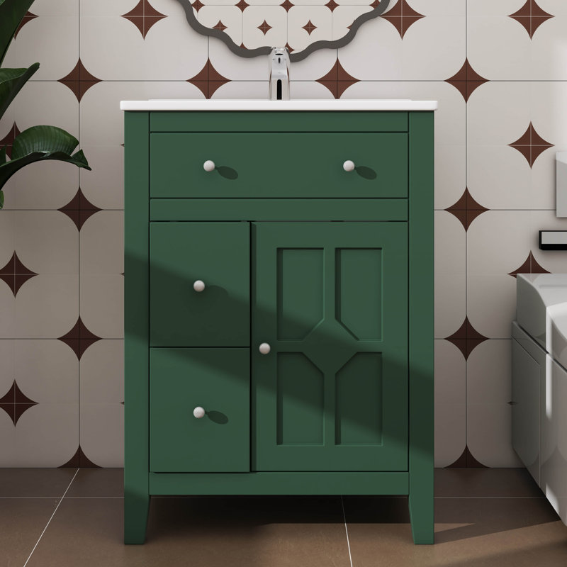 Armoire de lavabo de salle de bain 24 po, design contemporain avec vasque en céramique - 2 tiroirs + porte à fermeture en douceur