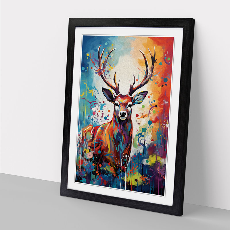 Deer Expressionism - Single Picture Frame Print on Wood, 34cm H x 25cm W, Black Framed